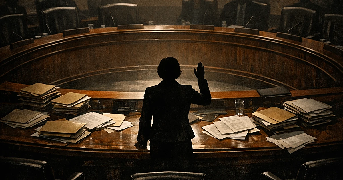 Overhead view of committee room with standing silhouette and scattered documents on curved desk during disrupted hearing