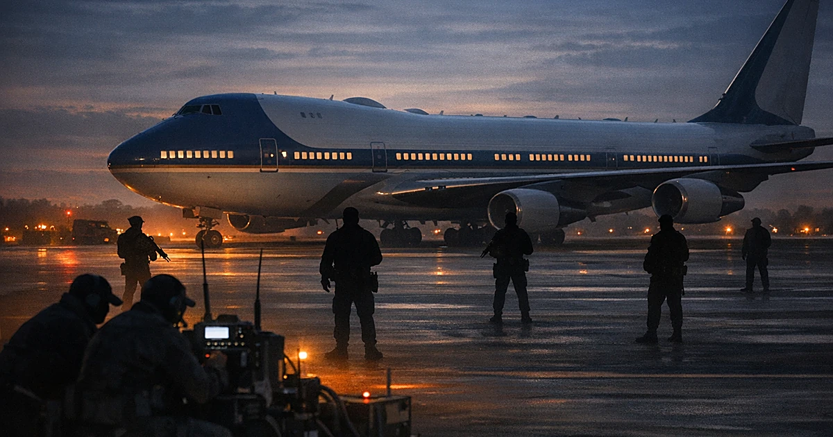 Presidential aircraft on tarmac with closed window shades surrounded by silhouetted security personnel at dusk