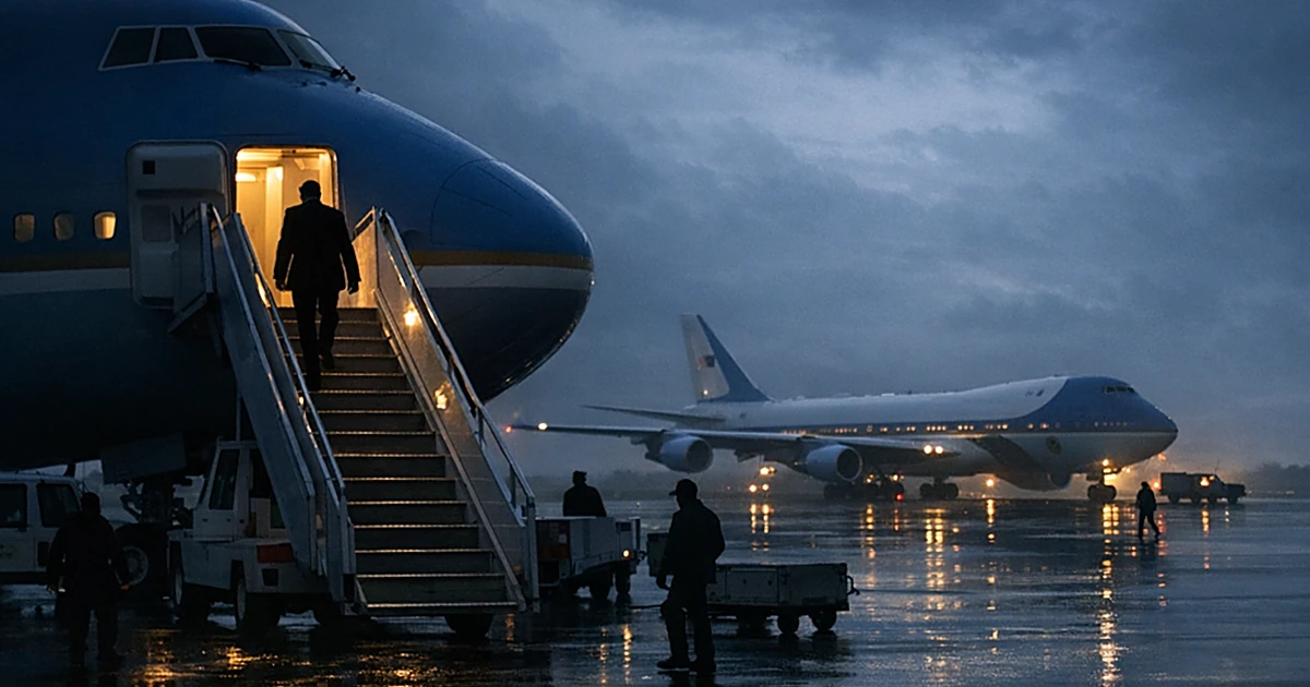 Two presidential aircraft on tarmac with silhouetted figure boarding one plane while another waits in background