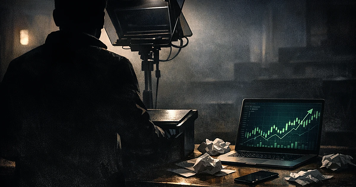 Silhouette of person at teleprompter with laptop showing trading charts in dark room