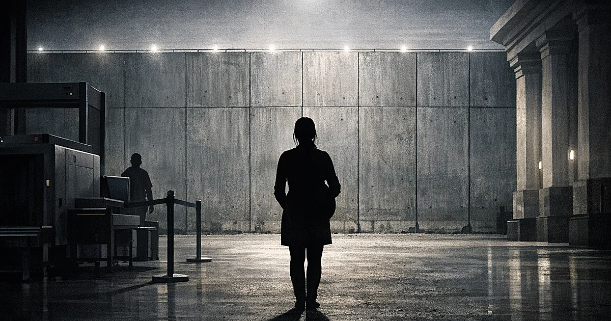 Silhouette of pregnant woman facing border wall with airport security equipment and government building interior