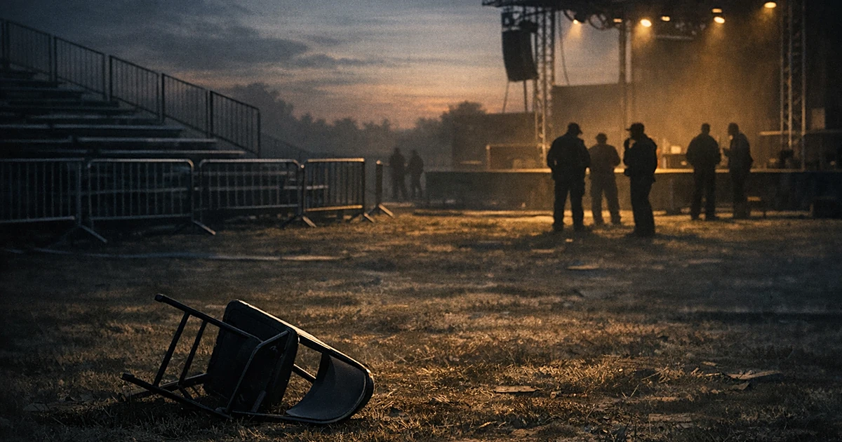 Empty rally venue at dusk with overturned chair and silhouetted security figures investigating the abandoned scene