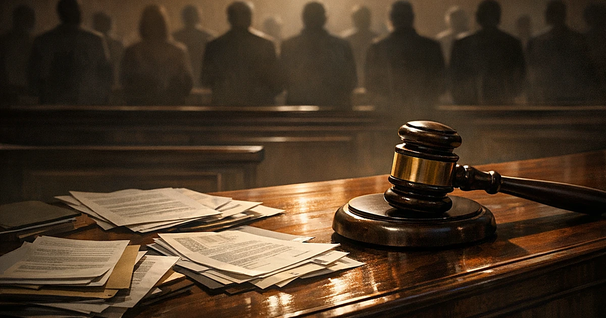 Overhead view of gavel on courtroom bench with legal documents and silhouetted figures in background