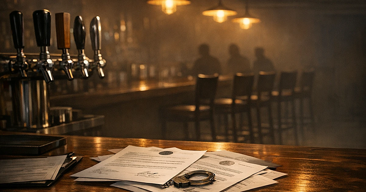 Empty brewery bar with beer taps and scattered official documents on counter, lit by dim overhead lights
