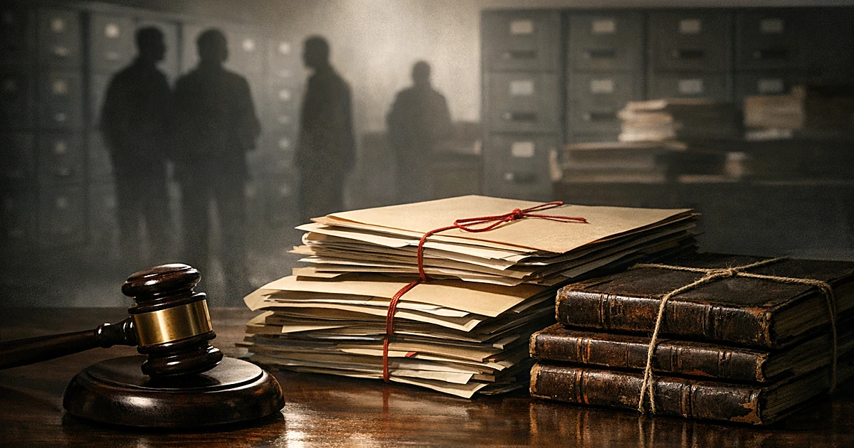 Gavel beside sealed folders and record books with distant silhouettes in a records room, symbolizing restricted access