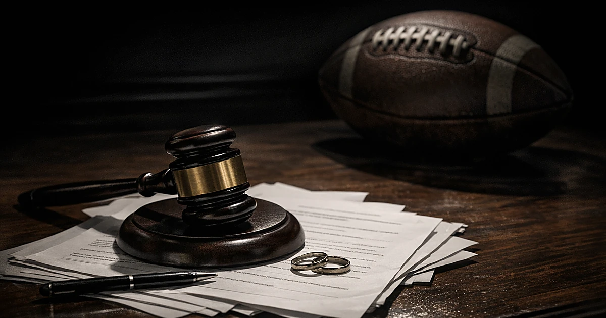 Gavel on divorce papers with football in background, representing legal and sports elements of the story