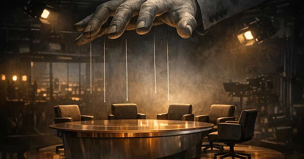 Empty TV talk show set with large stone hand descending from above, pulling strings toward vacant chairs