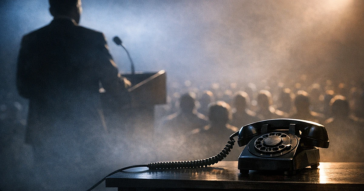 Silhouetted speaker at podium with vintage telephone beside them, addressing shadowed audience in dramatic lighting