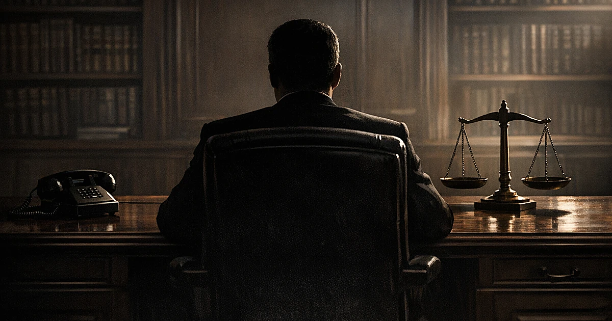 Silhouetted figure at desk with telephone on one side and scales of justice on the other in dark office