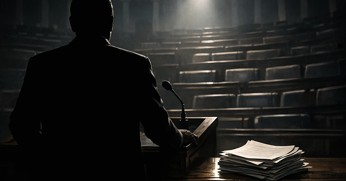 Silhouetted figure at podium facing empty government chamber with documents on desk under dramatic lighting