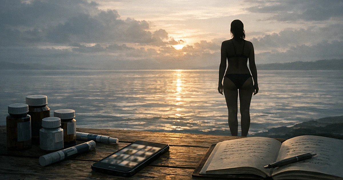 Silhouette by water with unlabeled medication bottles and journal in foreground, representing health journey