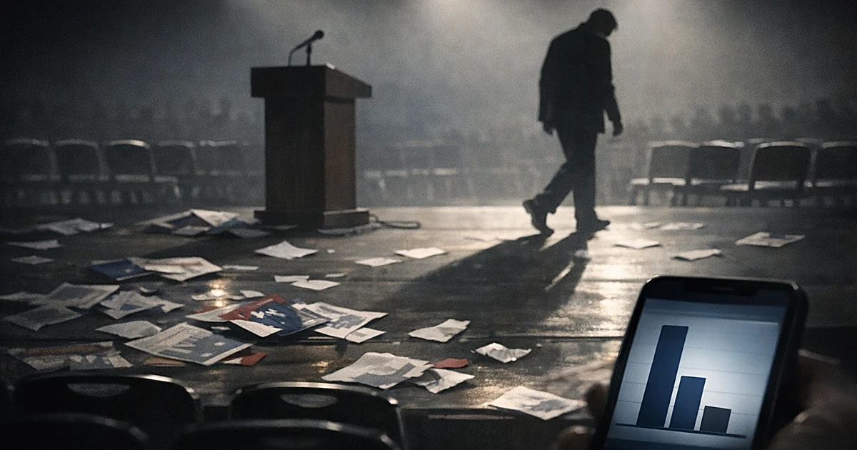 Silhouetted figure leaving empty stage with scattered papers and smartphone showing election results in foreground