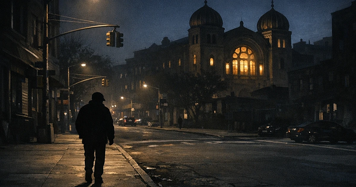 Silhouetted person walking alone past illuminated synagogue on dark city street at night