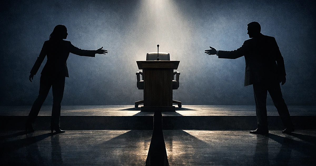 Two silhouetted figures on opposite sides of a stage reaching toward an empty chair under spotlight