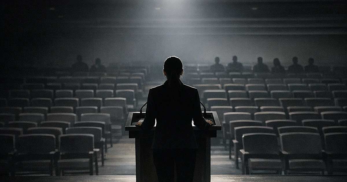 Silhouetted speaker at podium faces mostly empty auditorium with sparse audience in shadows