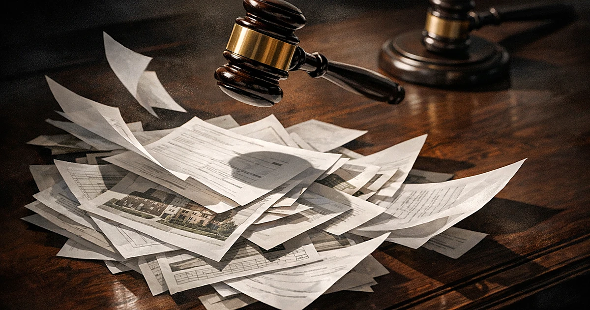 Judge's gavel suspended above scattered tax documents on a desk, representing conflicting court decisions