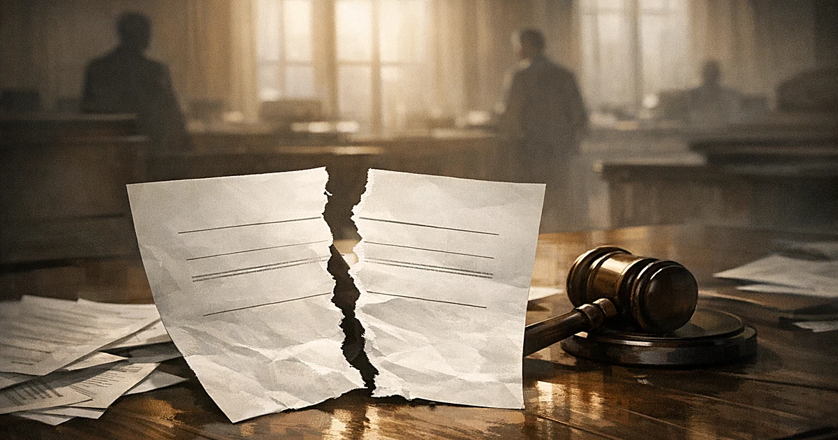 Torn subpoena document on courtroom table with scattered papers and overturned gavel in dramatic lighting