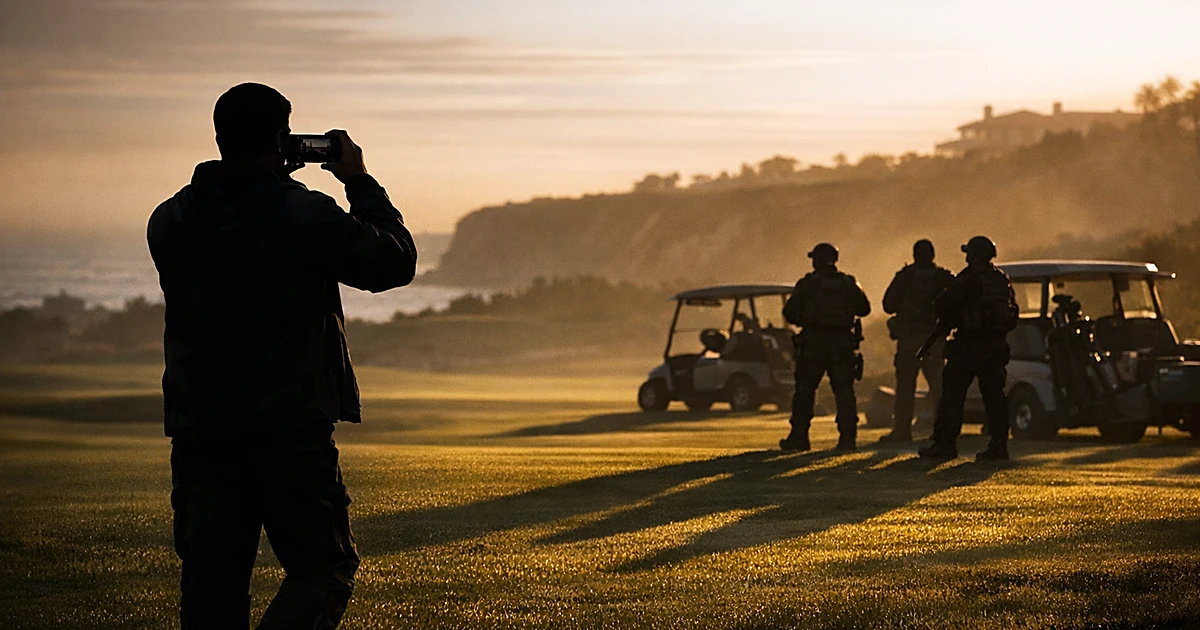 Silhouetted figure photographing on golf course while being watched by distant tactical personnel at dusk