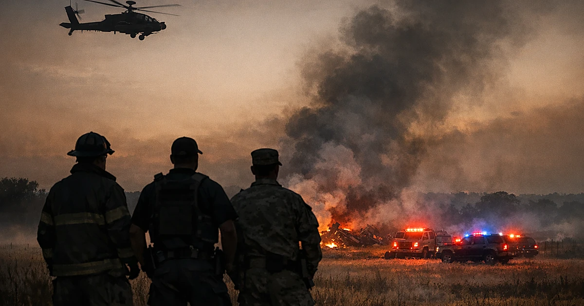 Emergency responders as silhouettes facing smoke rising from a rural Texas field with helicopter overhead at dusk