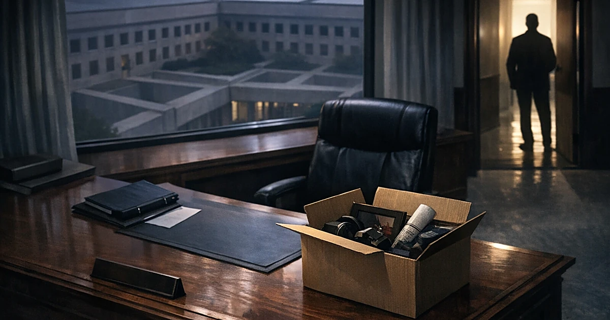 Empty office desk with moving box and silhouetted figure in doorway of Pentagon building