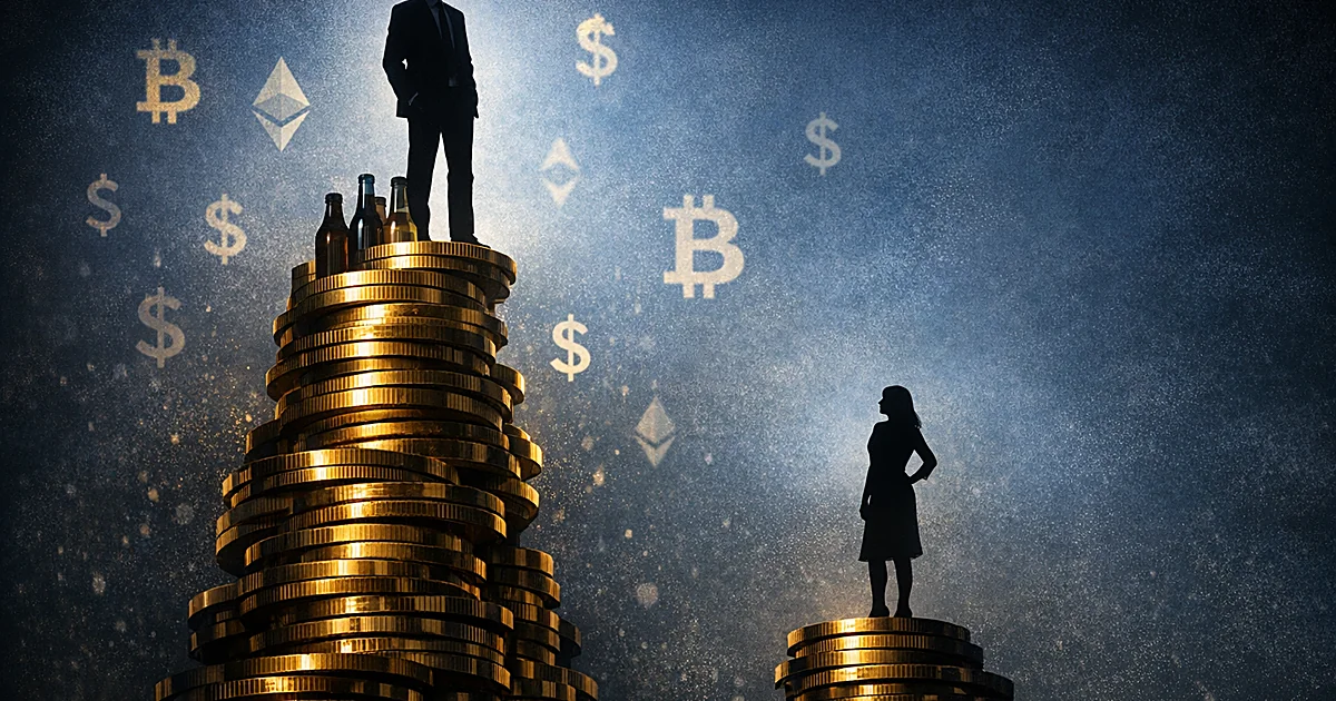Silhouette on tall stack of coins and bottles towers over second silhouette on shorter stack amid floating currency symbols