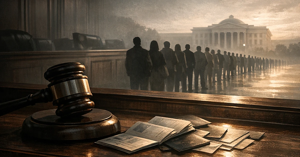 Gavel on bench with silhouetted people queuing toward government building, passports scattered on surface