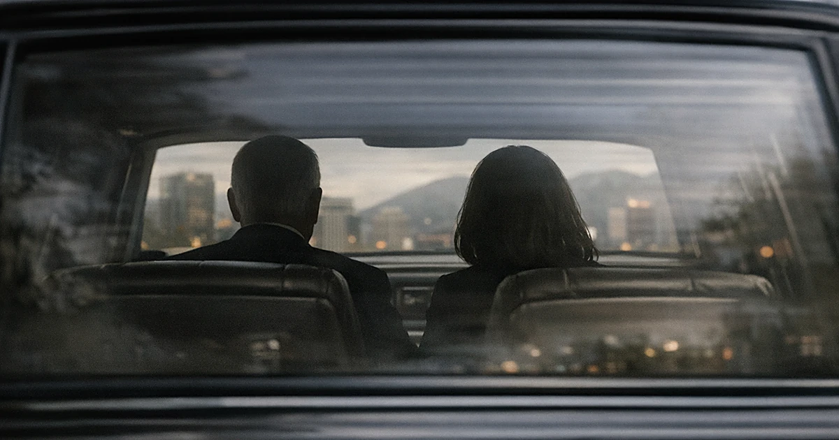 Silhouettes of two people in back seat of presidential limousine, viewed from behind through rear window