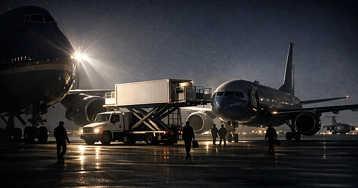 Airport tarmac at night with presidential aircraft, catering truck with lifts, and silhouetted ground crew