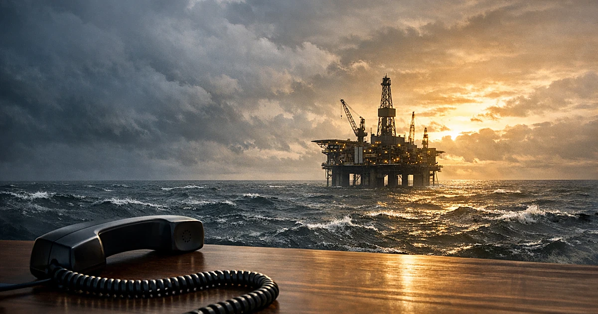 Oil drilling platform in North Sea waters with telephone on desk in foreground, dramatic lighting overhead