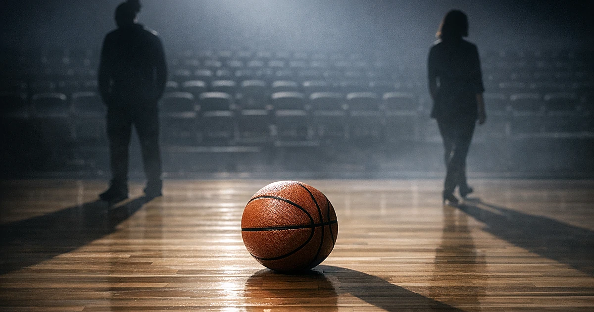 Basketball on empty court with two shadows stretching in opposite directions under arena lights