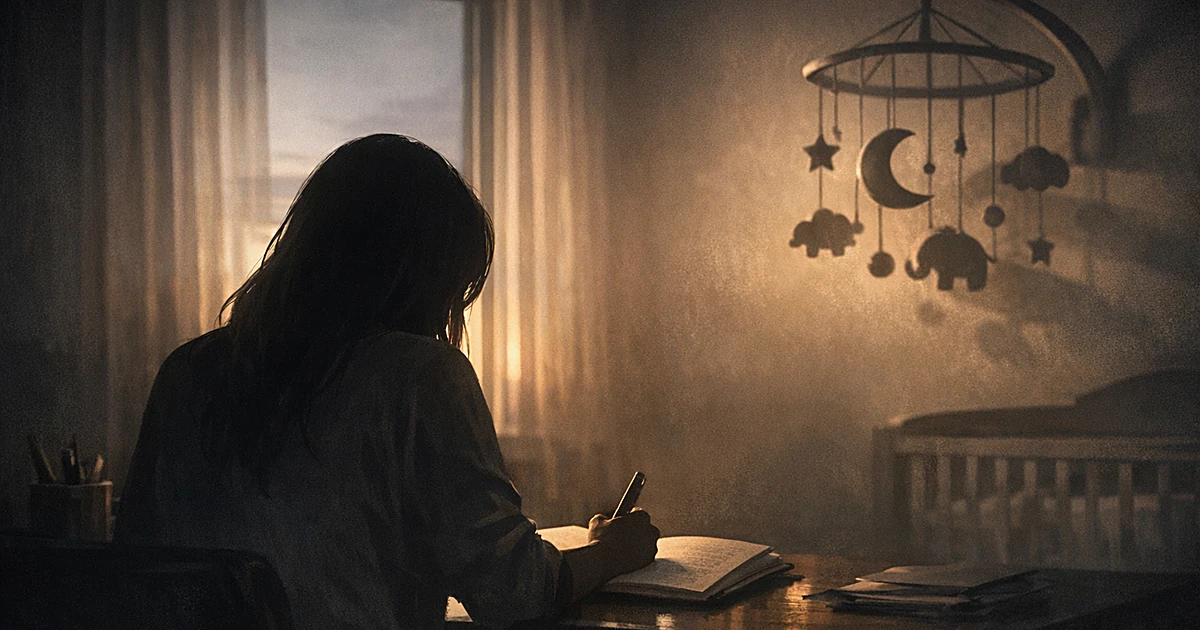 Silhouetted figure writing at desk with baby mobile visible in corner, dawn light streaming through window