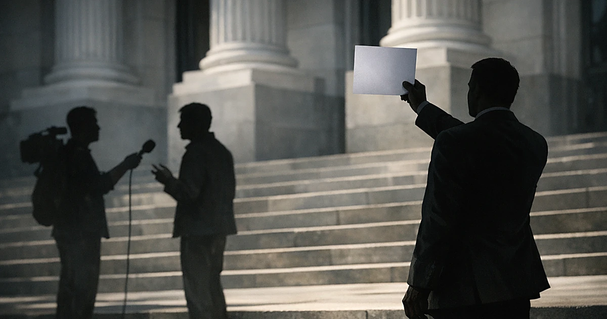Silhouetted figure holding paper interrupts two people on capitol steps