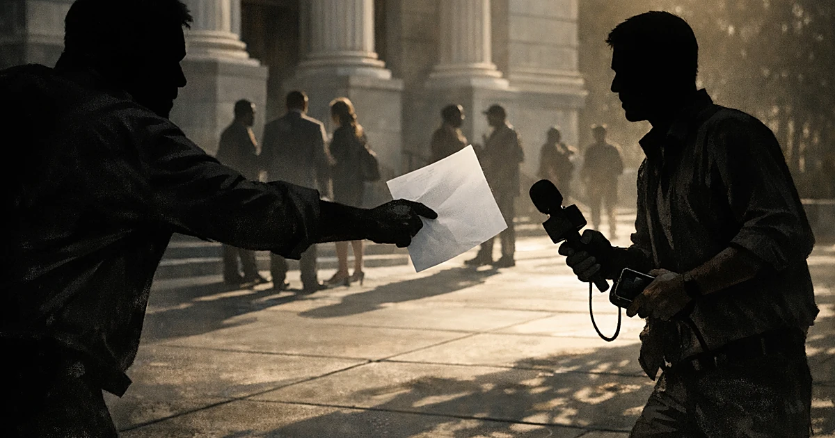 Silhouetted figures in confrontation on sidewalk outside government building with classical columns