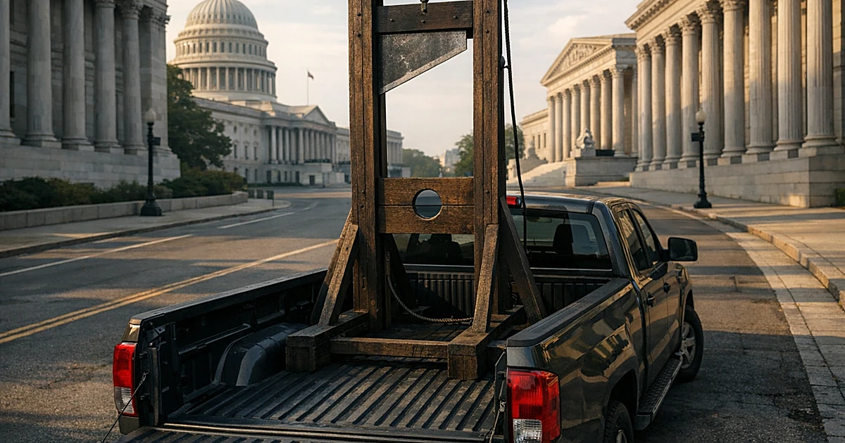 Guillotine standing in pickup truck bed parked near government buildings with columned architecture
