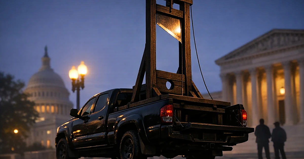 Pickup truck with wooden guillotine in bed parked on city street near government buildings at dusk