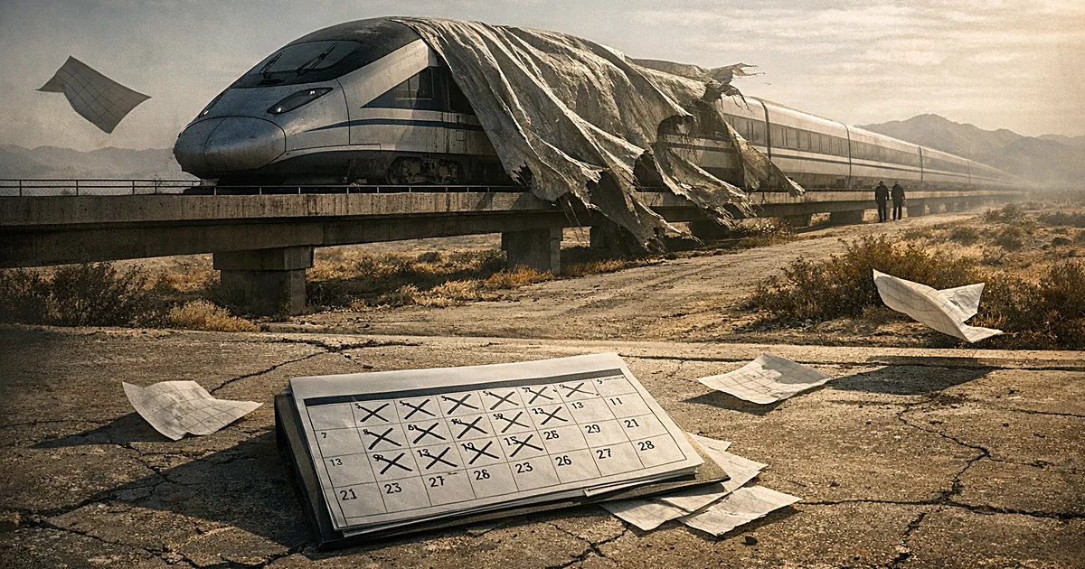 Covered bullet train on desert tracks with scattered calendar pages showing missed deadlines in foreground