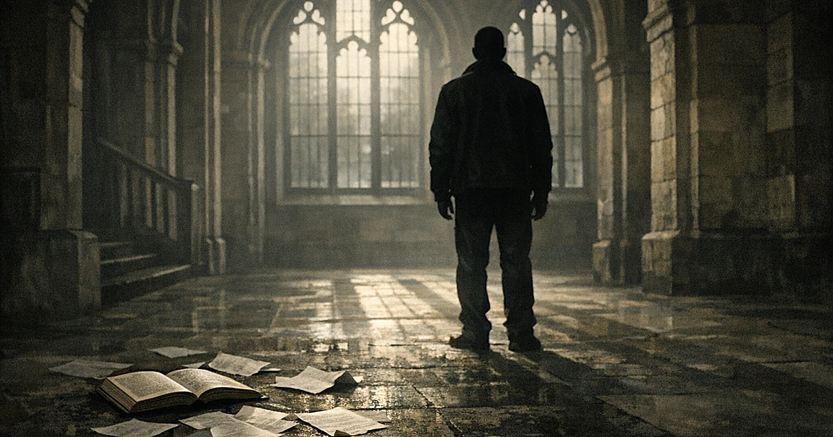 Silhouetted figure in dark university corridor with scattered papers on floor, Gothic windows casting shadows