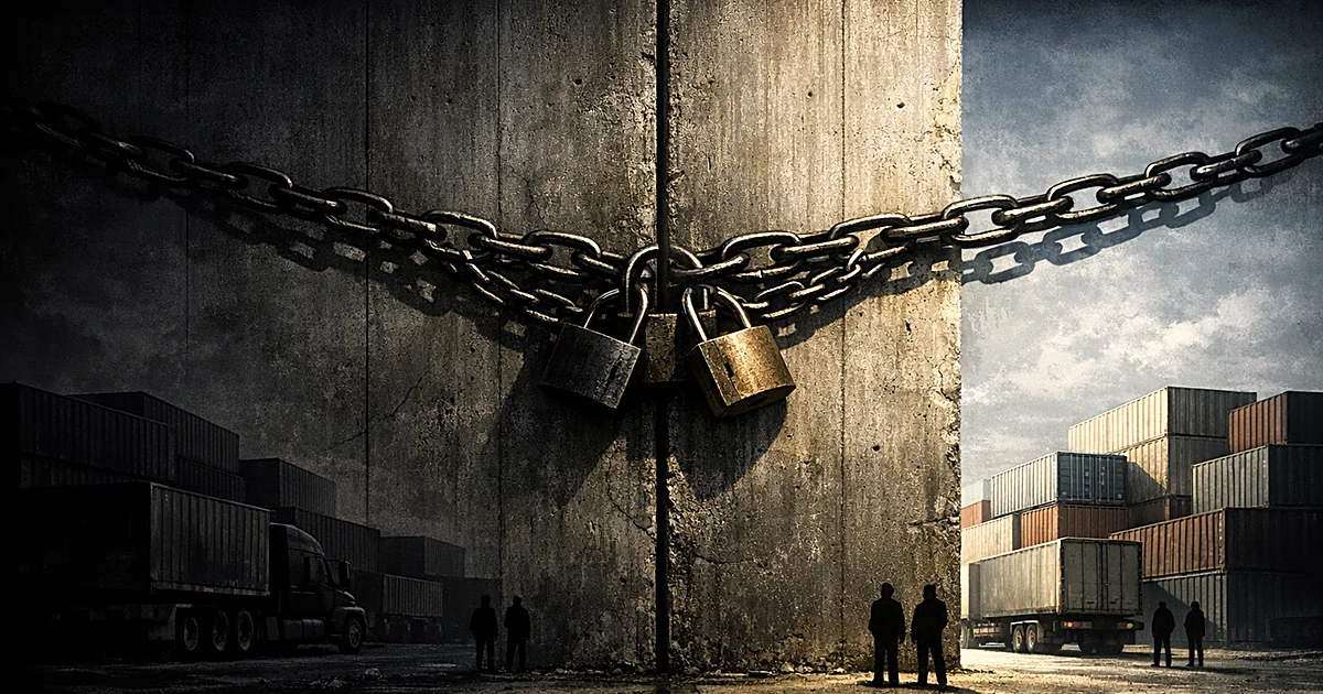 Concrete wall dividing shipping containers and cargo trucks, with heavy chains symbolizing broken trade negotiations