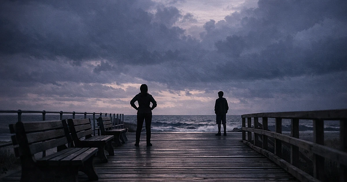 Silhouettes of two people standing apart on an ocean boardwalk at dusk with storm clouds overhead