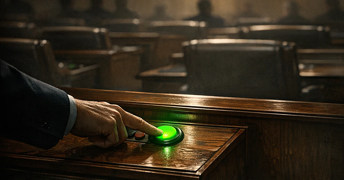 A hand pressing an illuminated green voting button on a wooden console in a darkened legislative chamber