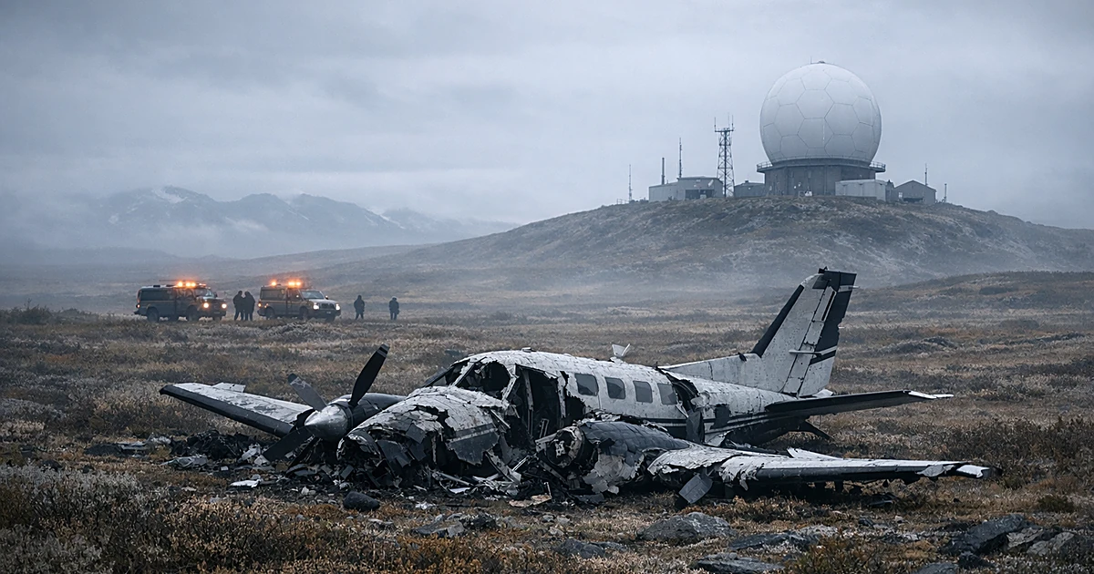 Crashed aircraft wreckage near radar dome at remote Alaska site with emergency vehicles in misty tundra landscape