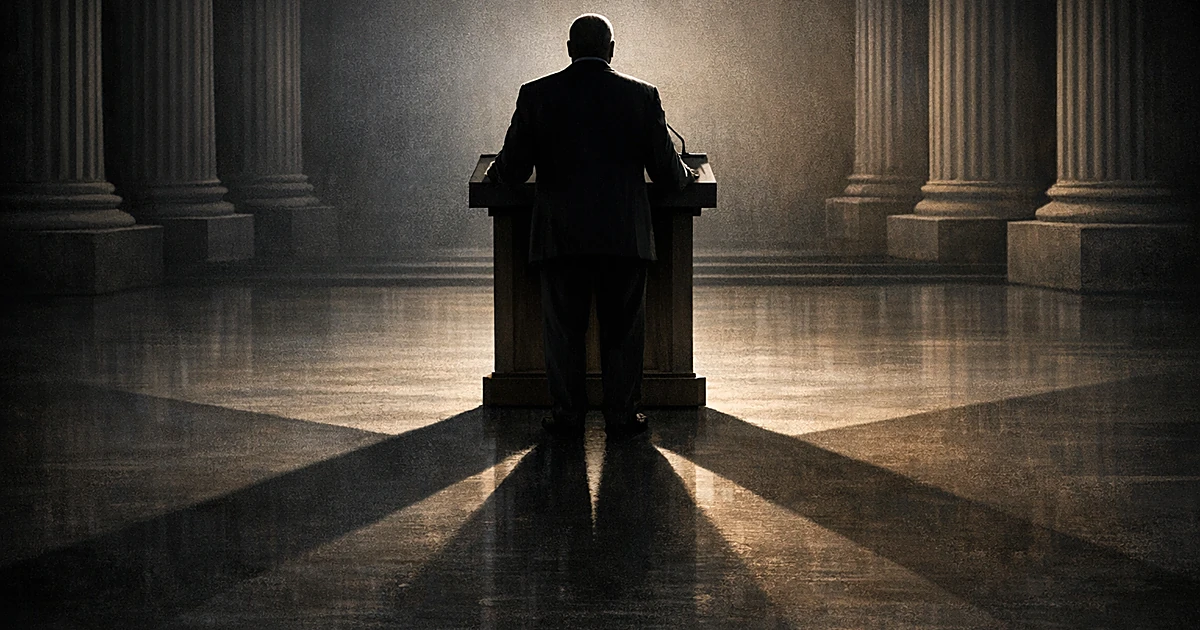 Silhouetted figure at podium with shadow splitting in two directions in columned chamber