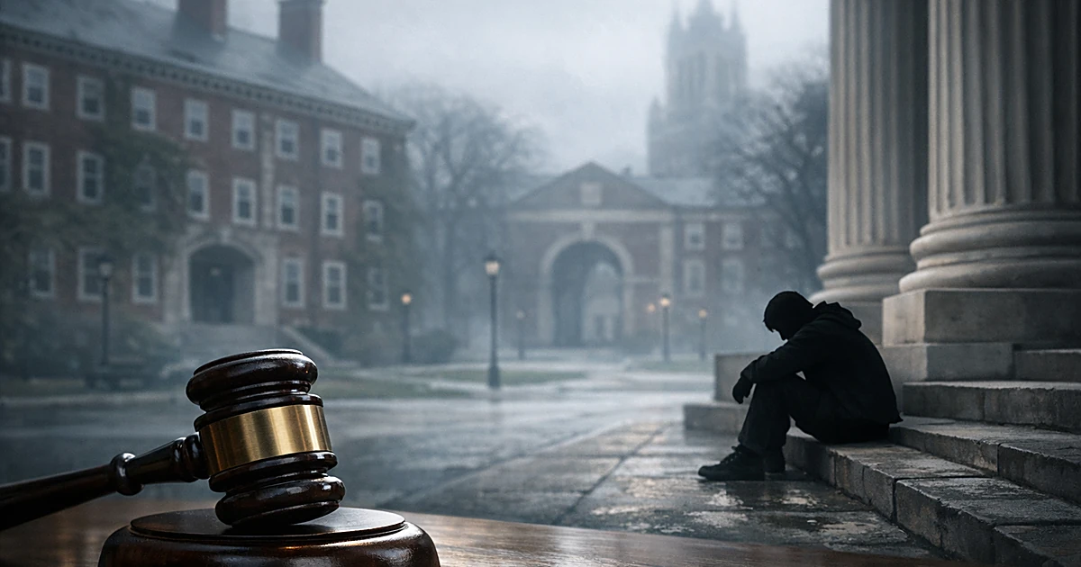 Silhouetted student sits alone on university steps with gavel in foreground against ivy-covered academic buildings