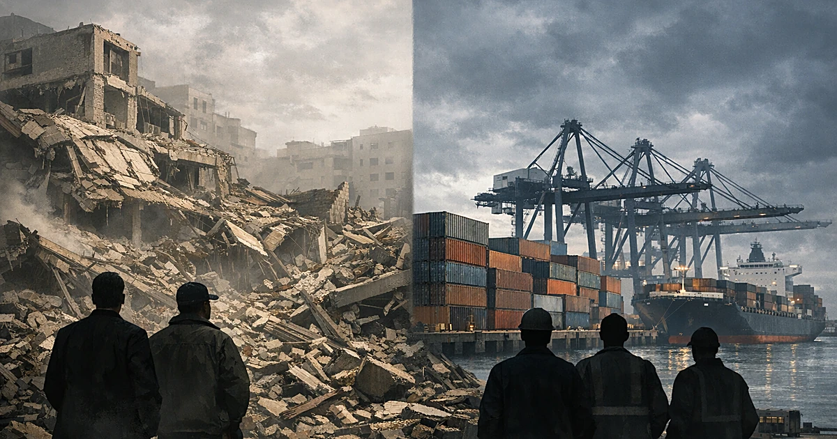 Earthquake rubble and shipping containers at port with silhouetted figures viewing destruction under grey skies