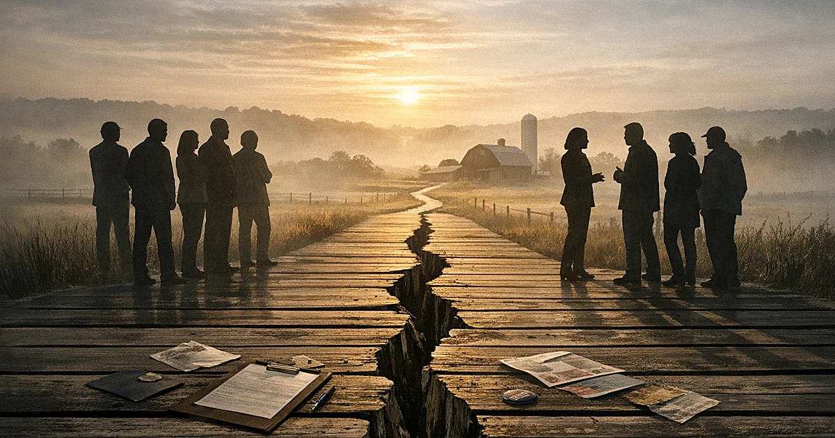 Split boardwalk with silhouetted groups on each side across Wisconsin farmland, symbolizing narrow primary division