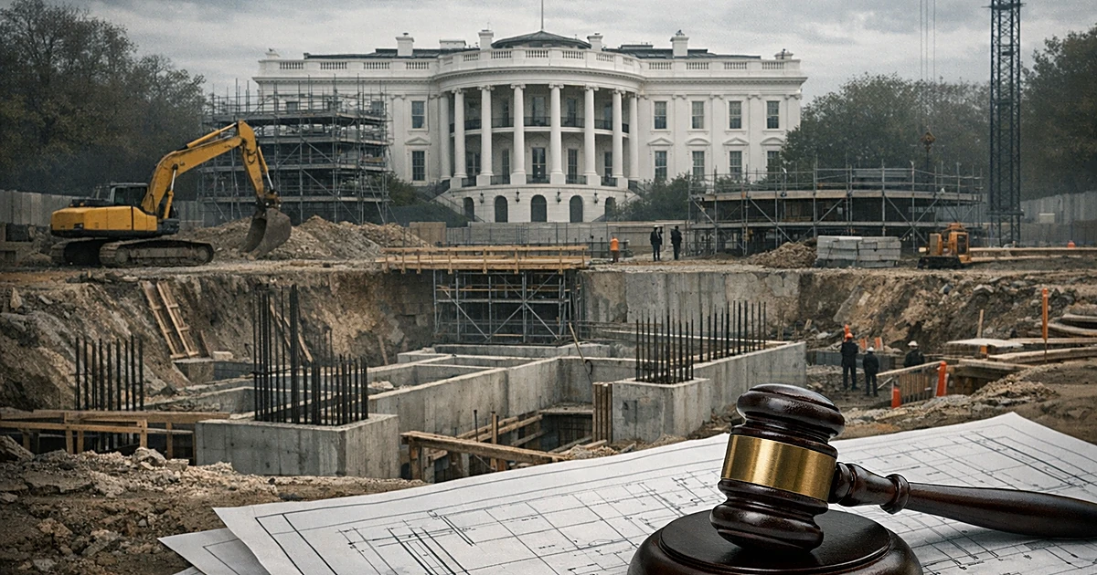 Gavel on blueprints with construction site and white mansion in background, representing halted White House expansion