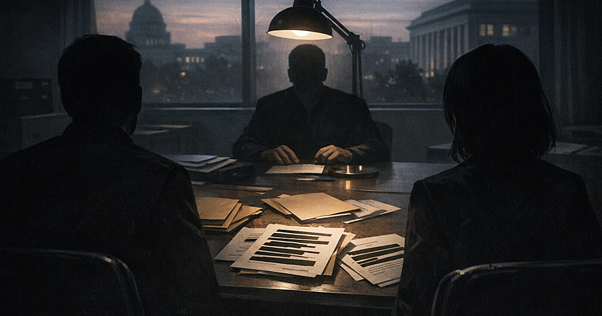 Silhouetted figures in office with classified documents on desk during FBI interview