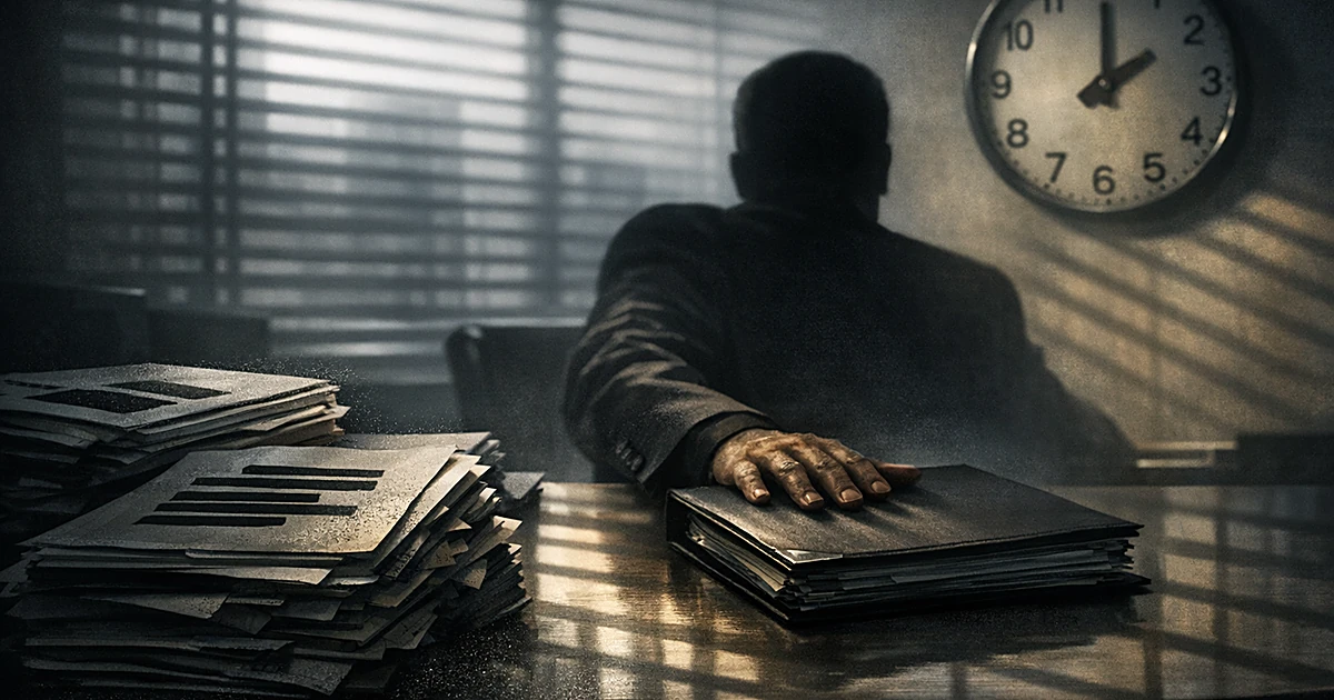 Silhouetted figure in office pushing away document folder as shadows fall across stacks of classified reports