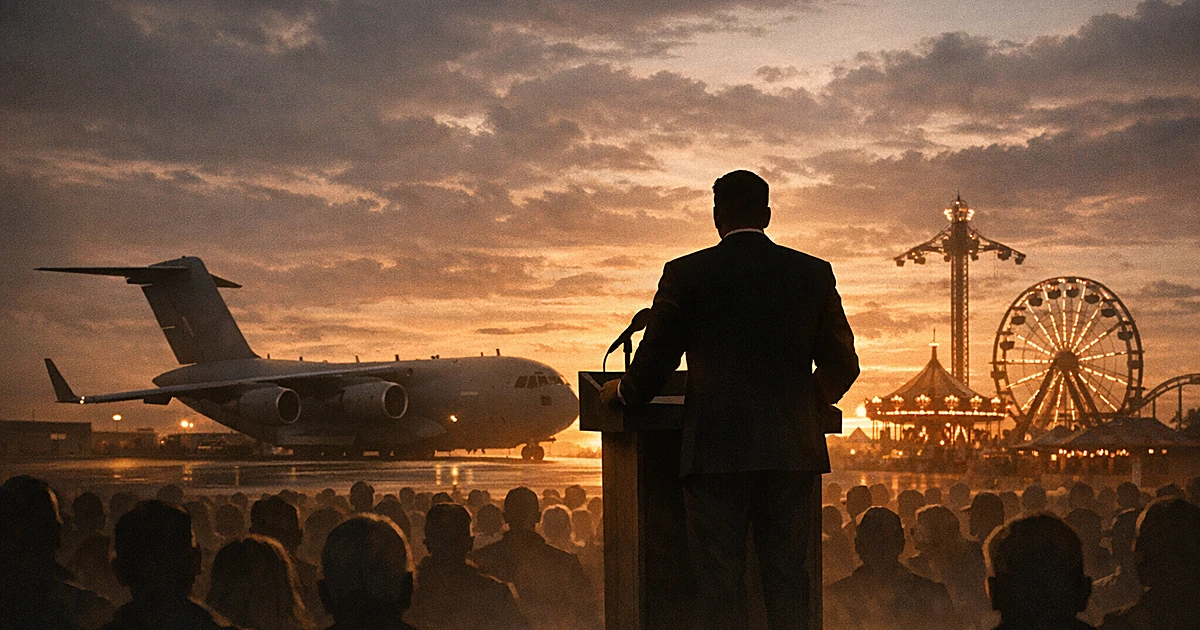 Silhouetted figure at podium with military aircraft and fairground in background at sunset