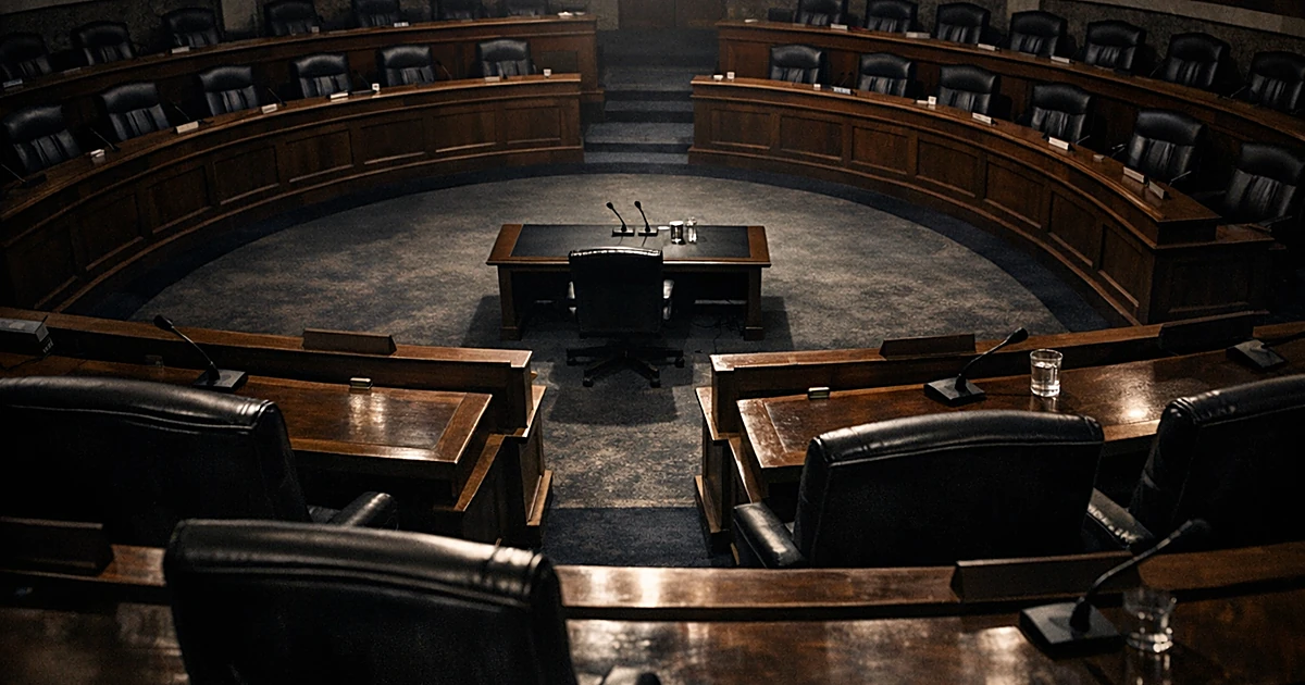 Empty congressional hearing room with curved desks and witness table under dramatic lighting from overhead view